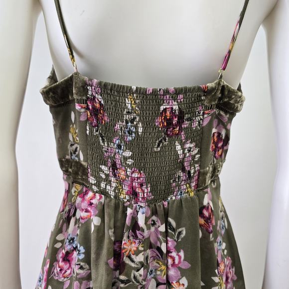 White House Black Market 12P Dress Fairy Floral Velvet Trim Y2K Green Asymmetric - Picture 9 of 16